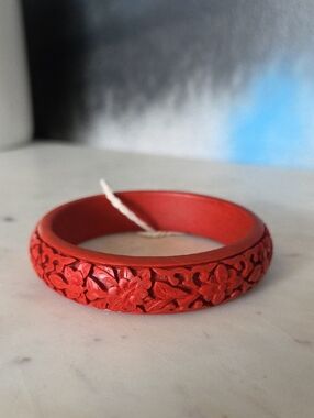 Cinnabar Carved Floral Bangle Bracelet Vintage